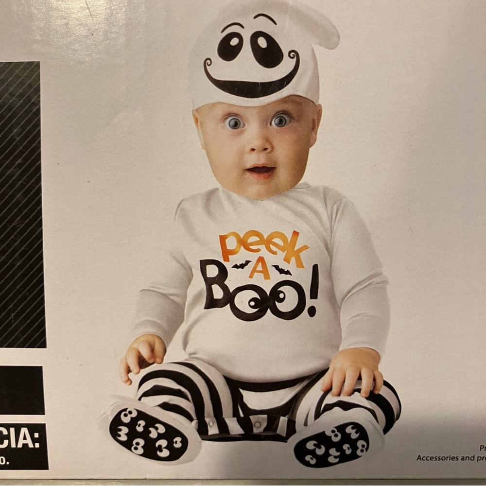 Ghost Halloween Baby Costume Size 6-12 Months “Peek A Boo” Jumpsuit & Cap NEW